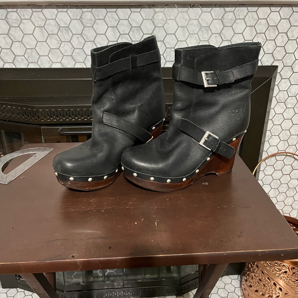UGG Black Heeled Boots with Wooden Sole